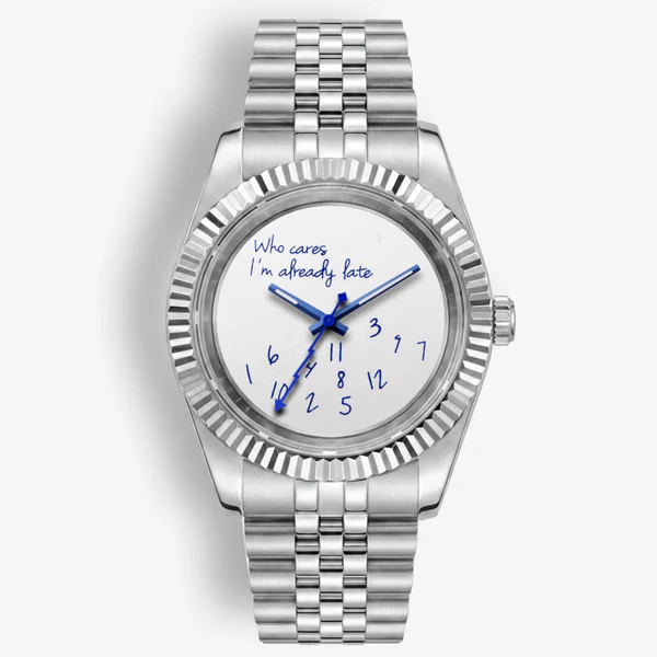Classic Date Who Cares I'm Already Late automatic watch, front view on a white background, with steel Jubilee bracelet